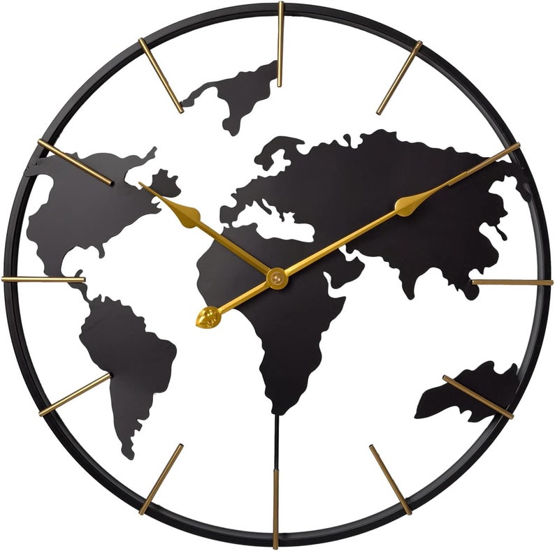 Large World Map Wall Clock, Metal Minimalist Modern Clock,round Silent