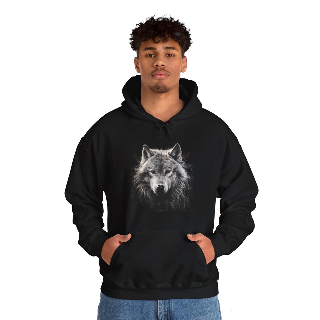 Silver Wolf Head Hoodie, Black Hooded Sweatshirt, Wolf Lover Gift, Men ...