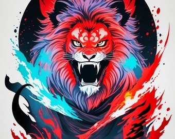 A detailed illustration face evil ninja lion,magic,t-shirt design,red color,dark magic splash,dark,ghotic,t-shirt design