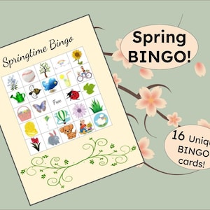 Spring BINGO! | Party Game | Printable Bingo Game for Family Game Night | 16 Unique Bingo Cards | Includes Calling Cards | Bingo for Kids