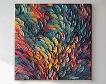 Pintura al óleo de plumas abstractas sobre lienzo, pintura colorida original, arte de pared de fantasía, decoración de la pared de la sala de estar, regalos personalizados para un amigo