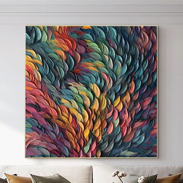 Peinture abstraite de plumes à l'huile sur toile, peinture colorée originale, art mural fantastique, décoration murale de salon, cadeaux personnalisés pour un ami