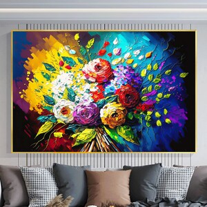 Abstract Original Colorful Rose Oil Painting On Canvas, Blooming Flower Wall Art, Custom Textured Floral Painting, Living room Home Decor