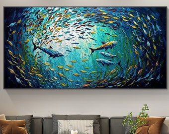 Pintura al óleo original abstracta de la escuela de peces sobre lienzo, arte de pared grande, pintura del mar azul, decoración de la pared boho, pintura personalizada decoración de la pared del dormitorio