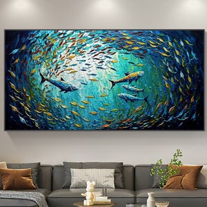 Abstract Original Fish School Oil Painting On Canvas, Large Wall Art, Blue Sea Painting, Boho Wall Décor, Custom Painting Bedroom Wall Decor