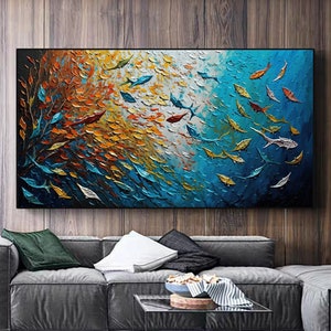 Original Fish School Oil Painting On Canvas, Large Wall Art, Abstract Blue Sea Bottom Painting, Boho Wall Décor, Custom Painting, Home Decor