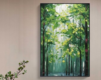 Abstract Forest Oil Painting On Canvas, Large Original Green Wall Art, Bedroom Wall Decor, Custom Gift Painting, Modern Textured Wall Art