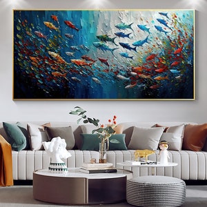 Large Original Fish School Oil Painting On Canvas, Canvas Wall Art, Abstract Blue Sea Painting, Boho Wall Décor, Custom Painting, Home Decor