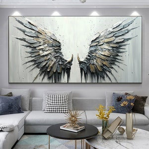 Large Original Wing Oil Painting On Canvas, Canvas Wall Art, Abstract Gray Feather Painting, Boho Wall Decor, Custom Painting, Home Decor