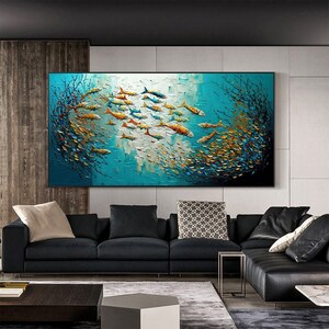 Original Fish School Oil Painting on Canvas, Large Wall Art, Abstract ...