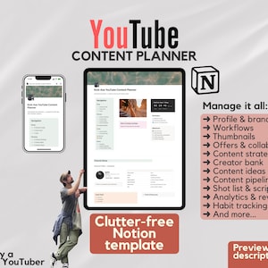 May include: A digital YouTube content planner template on a tablet and smartphone. The image features the text "YouTube Content Planner" and "Clutter-free Notion template." The planner includes sections for profile, workflows, thumbnails, and more. A person is reaching towards the tablet.
