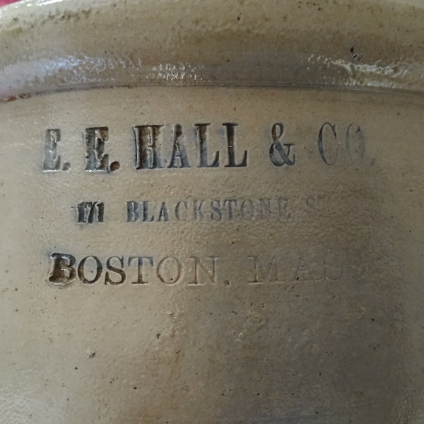 1880's E. E. HALL & Co. 171 Blackstone Street Boston Mass.2 Gallon  Pottery Crock