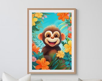 Cute Cheeky Monkey Printable Wall Art, Nursery Wall Decor, Monkey Painting, Baby Animal Print, Safari Nursery Art