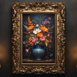 Gothic Floral Oil Painting,  Dark Moody Botanical Flower Print, Funky Victorian Maximalist Art, Dark Cottagecore  Academia Wall Art