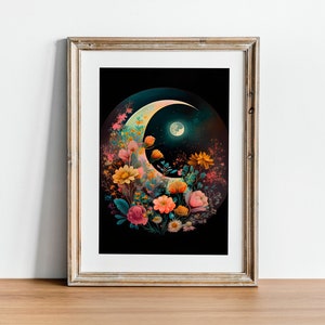 Floral Moon Wall Art,Magical moonlit garden,enchanting, crescent moon,digital download,printable floral wall art,celestial flowers