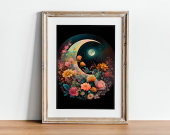 Floral Moon Wall Art,Magical moonlit garden,enchanting, crescent moon,digital download,printable floral wall art,celestial flowers