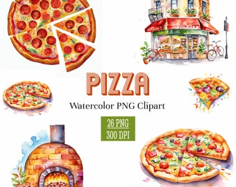 Aquarel Pizza Clipart Bundel, Commercieel Gebruik, Instant Digitale Download, PNG, 300dpi, Italiaans eten, Olijven, Knoflook, Tomaten, Pizzeria