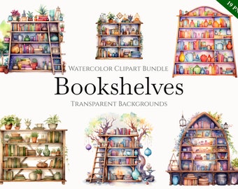 Watercolor Bookshelf Clipart Bundle, Instant Digital Download, 19 High Quality Bookcase PNG files for Commercial Use