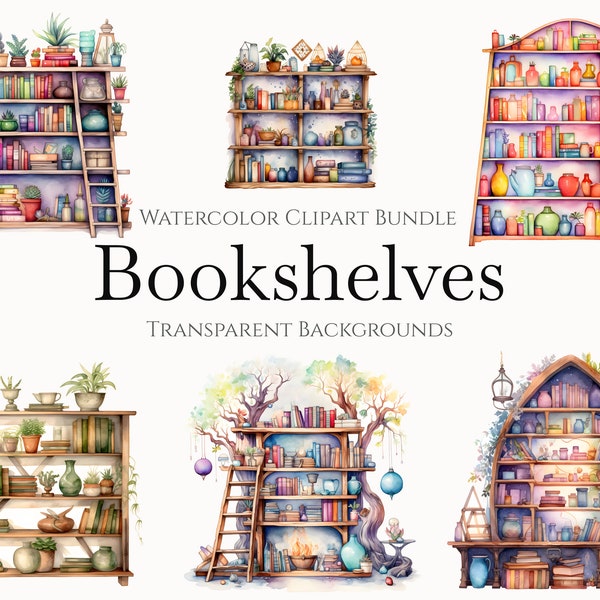 Watercolor Bookshelf Clipart Bundle, Instant Digital Download, 19 High Quality Bookcase PNG files for Commercial Use