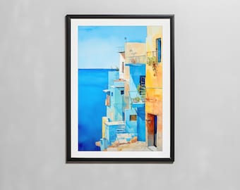 Coastal Greek Villiage Wall Art , Printable Mediterranean Wall Art, Summer Decor, Digital Travel Painting Print, Greece Inspired Poster