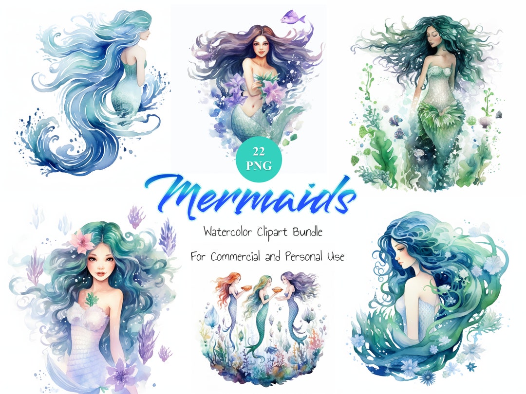 Watercolor Mermaid Clipart Bundle, Instant Digital Download, High ...