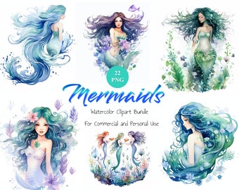 Watercolor Mermaid Clipart Bundle, Instant Digital Download, High Quality PNG files for Commercial Use