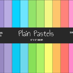 May include: Twelve 12-inch by 12-inch digital paper squares in various pastel colors, including purple, blue, green, yellow, orange, and pink.  The text "Plain Pastels" is displayed in the center of the image.