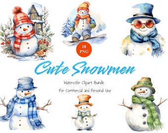 Lindo paquete de imágenes prediseñadas de muñeco de nieve de acuarela, descarga digital instantánea, archivos PNG de alta calidad para uso comercial