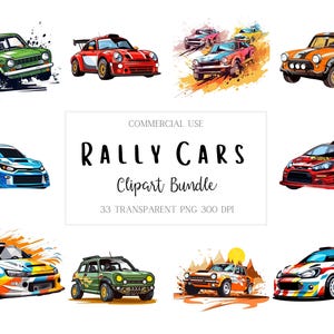 Könnte beinhalten: Ein digitales Clipart-Paket mit 33 Rallye-Autos in verschiedenen Farben und Designs. Die Autos sind im Cartoon-Stil illustriert und vor einem weißen Hintergrund platziert. Der Text "RALLY CARS Clipart Bundle 33 TRANSPARENT PNG 300 DPI" wird in der Mitte des Bildes angezeigt.