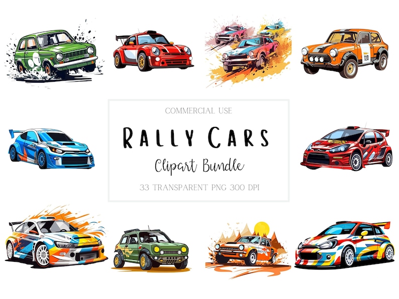 33 Rally Car PNG Clipart Bundle, Fun Cartoon Racing Car Designs