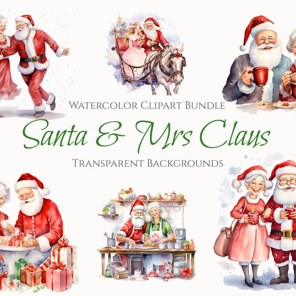 Santa & Mrs  Claus Clipart Bundle, Digital Download for Commercial Use, Christmas Clipart, Winter, Holiday Clipart, Festive,Christmas Cards