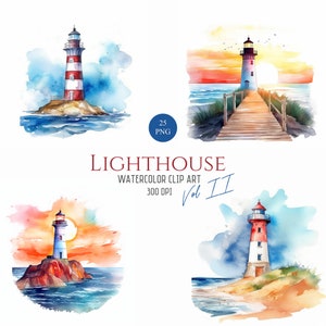 Lighthouse Watercolor Clipart Bundle, For Commercial Use,PNG, 300 DPI, Nautical, Nightsky, Ocean, Sunset, Digital Download