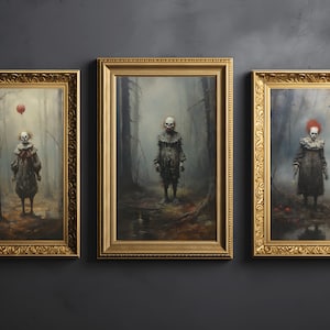 Gruseliger Clown-Satz von 3 Drucken, Halloween Plakat, gruselige digitale Wandkunst, Halloween-Dekor, dunkles Print-Bundle, hohe Qualität