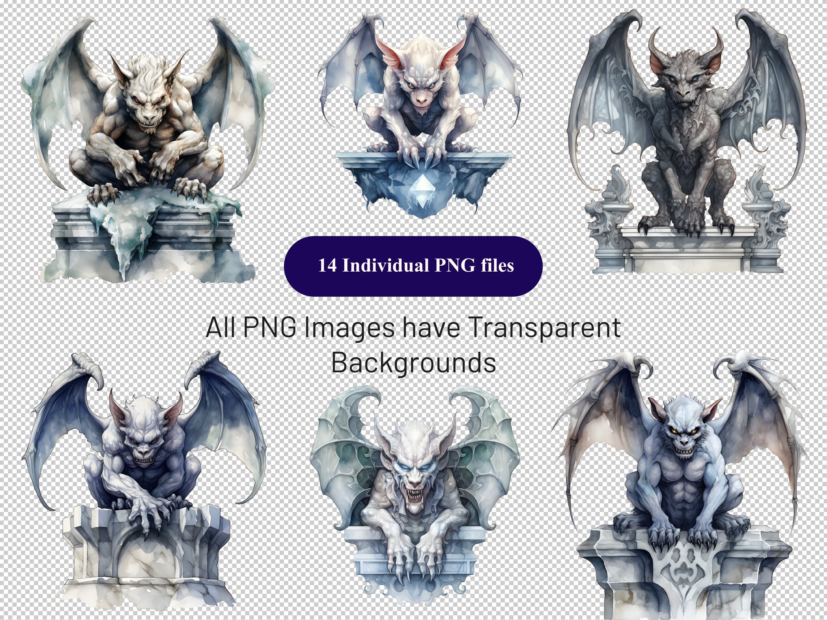 Watercolor Gargoyle Clipart, 14 PNG Gothic Gargoyle Bundle, Transparent ...