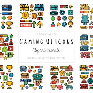 Clipart d'interface utilisateur de jeu pour enfants - Icônes de jeu de style plat : boîtes de butin, barres de santé, trophées, boutons et coffres - Bundle PNG transparent