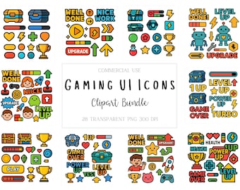 Kids Gaming UI Clipart – Flat Style Game Icons: Loot Boxes, Health Bars, Trophies, Buttons & Chests – Transparent PNG Bundle