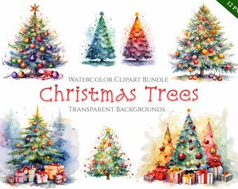 Watercolor Christmas Tree Clipart Bundle, Instant Digital Download, 12 High Quality Christmas Tree PNG files for Commercial Use