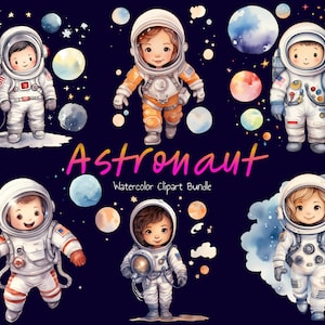 Lindo paquete de imágenes prediseñadas de acuarela de astronautas, descarga digital instantánea, archivos PNG de alta calidad para uso comercial