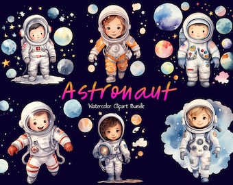 Cute Astronauts Watercolor Clipart Bundle, Instant Digital Download, High Quality PNG files for Commercial Use