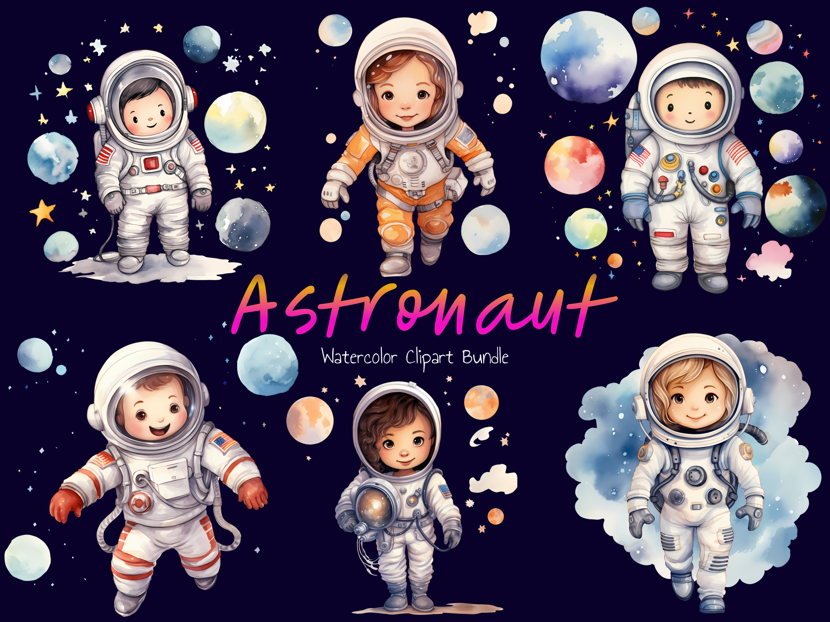 Cute Astronauts Watercolor Clipart Bundle, Instant Digital Download ...
