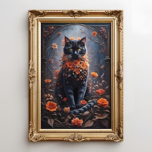 Gothic Cat Floral Oil Painting,  Dark Moody Cat Flower Print, Funky Victorian Maximalist Art, Dark Cottagecore  Academia Wall Art