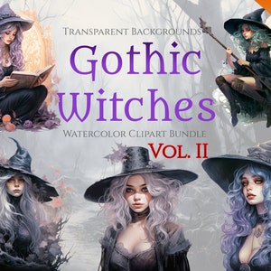 Watercolor Gothic Witch Clipart Bundle, Instant Digital Download, 37 High Quality Witch PNG files for Commercial Use