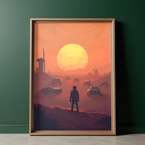 Op Mad Max geïnspireerde pixelkunst aan de muur: woestijnzonsondergang | Post-apocalyptische poster woestenij | Digitale download | Retro-futuristisch landschap