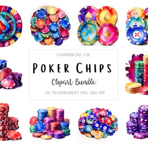 Bundle de cliparts de jetons de poker aquarelle, téléchargement numérique instantané, 34 fichiers PNG de haute qualité pour un usage commercial, Junk Journal