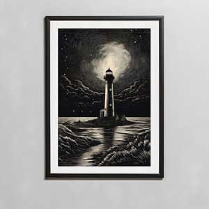 Monochrome Lighthouse Digital Wall Art, Wood Engraving Style, High Quality Instant Digital Download, Lighthouse Poster