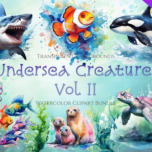 Watercolor Sealife Clipart Bundle, Instant Digital Download, 28 High Quality Ocean Animal PNG files for Commercial Use