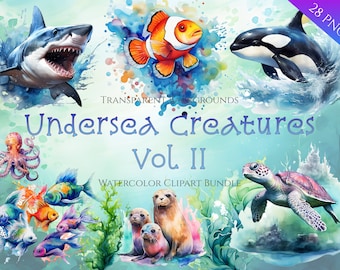 Aquarell Sealife Clipart Bundle, sofortiger digitaler Download, 28 hochwertige Ozean Tier PNG-Dateien für die kommerzielle Nutzung