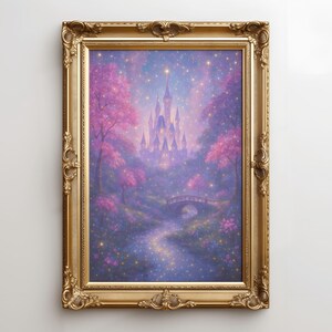 Arte mural de un castillo de hadas encantado, descarga digital de un mágico bosque rosa y cielo estrellado, paisaje de fantasía de ensueño para la decoración del hogar.