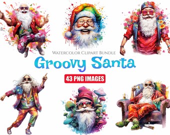 Groovy Santa 43 PNG Watercolor Clipart Bundle, Instant Digital Download, High Quality PNG files, Transparent Backgrounds for Commercial Use