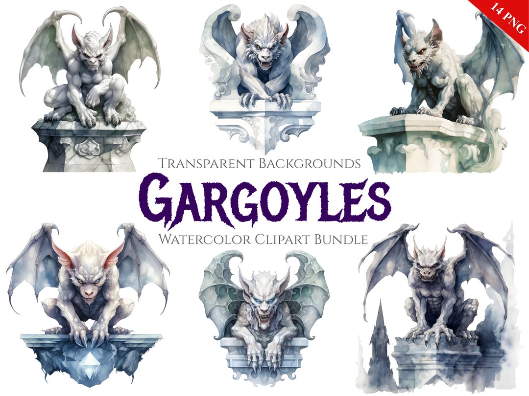Watercolor Gargoyle Clipart, 14 PNG Gothic Gargoyle Bundle, Transparent ...